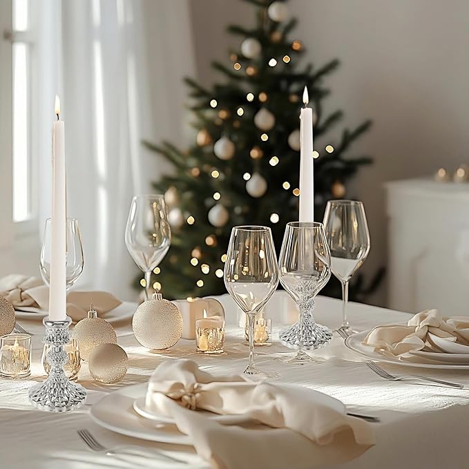 Glass Candlestick Holder,Striped Taper Candle Holders,Set of 6 Candle Stand for Table Centerpieces, Home Decor,Weddings,Festival and Parties (Silver Diamond)