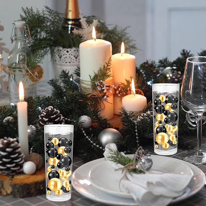 200PCS Black Gold Faux Pearls Beads for Centerpiece Vases, Vase Filler Faux Pearls, No Holes Filler Beads for Party Anniversary Birthday Wedding Table Decor, 10/14/20/30mm