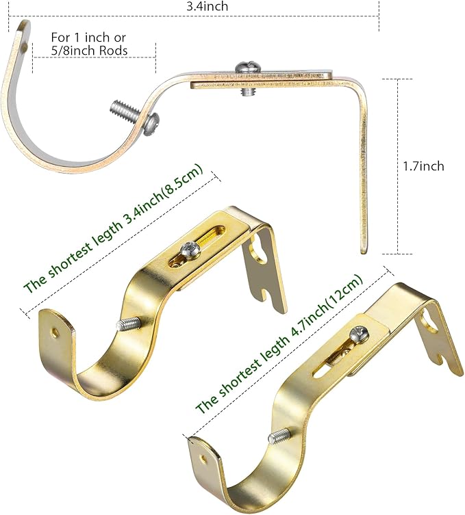 Frienda 6 Pcs Curtain Rod Brackets Adjustable Holder Wall for 1 Inch Diameter Curtain Rod General Bracket Hooks with Screws (Gold)
