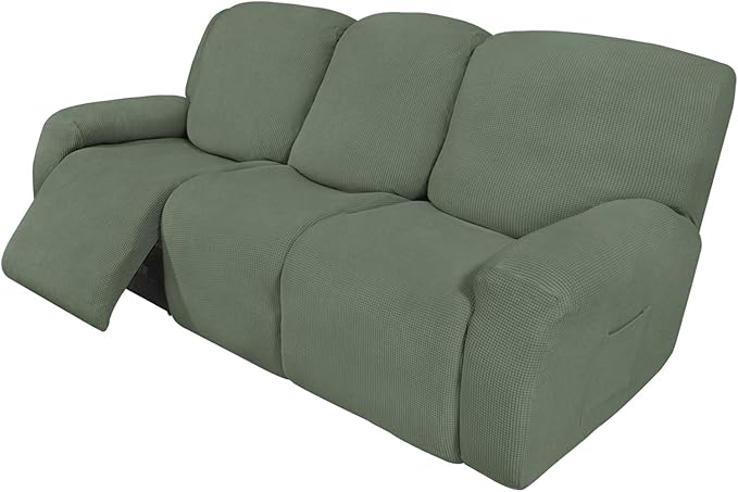 Easy-Going 8 Pieces Recliner Sofa Stretch Sofa Slipcover Sofa Cover Furniture Protector Couch Soft with Elastic Bottom Kids, Spandex Jacquard Fabric Small Checks Greyish Green