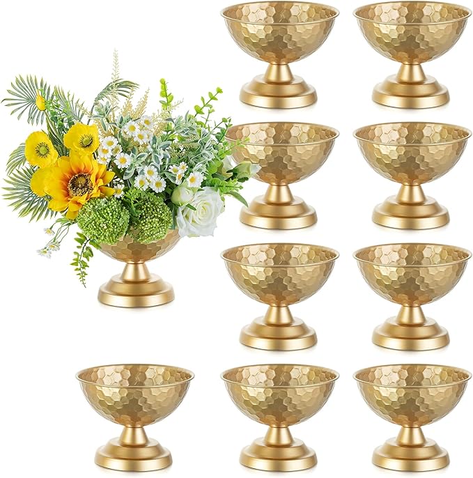 Sziqiqi Urn Vase Gold Centrepiece: 5.5in Small Vases for Wedding Table Decorations - Metal Flower Arrangement Pots Set of 10 - Vintage Honeycomb Vase for Party Reception Dinner Table