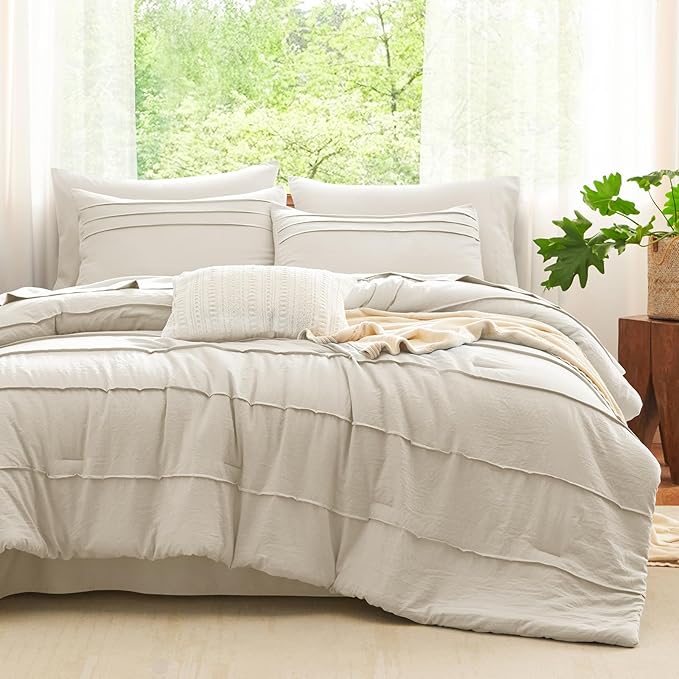 CozyLux California King Comforter Set Beige, 7 Pieces Pinch Pleat Bed in a Bag Cal King Comforter Set with Sheets, Boho Bed Sets with Down Alternative Comforter, Sheets, Pillowcases & Shams