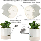 Nihow Self Watering Plant Pot: 8 Inch Ceramic Planter with Drainage Hole & Water Storage Plus for Indoor & Outdoor Plants - Cylinder Round Flower Pot for Succulent/Herbs/Violets - Cream White & Brown