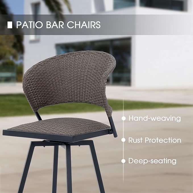 VICLLAX Patio Bar Stool Chairs with Footrests and Padded Seat, Bar Height Swivel Patio Chairs Set of 4, Brown Woven Wicker Swivel Bar Stools for Lawn Garden