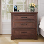 HOMMPA 24'' Farmhouse Nightstand with Charging Station, Bedside Tables with Storage, Side Table with USB Port, 3 Drawers End Table Dresser, Wood Night Stand for Bedroom, Living Room, Maroon Brown