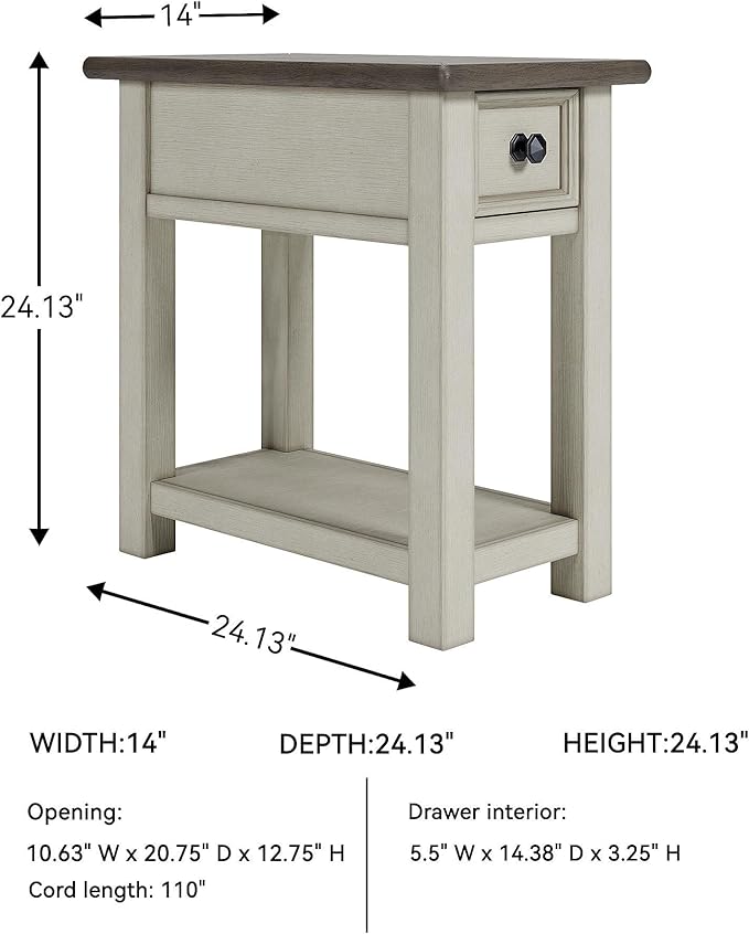 Signature Design by Ashley Bolanburg | Farmhouse Chair-Side End Table – USB Charging Ports, Drawer, Two-Tone Light Brown & Whitewash