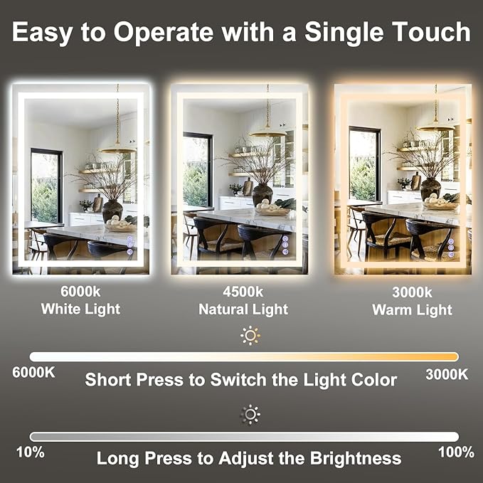 GLSLAND LED Bathroom Mirror - 26"x38" Anti-Fog Lighted Wall Mirrors with Memory Function, Dimmable, Frontlit & Backlit, Horizontally/Vertically, Tempered Glass