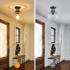 WUZUPS Chandelier Rustic Farmhouse Industrial Round Semi-flushmount Ceiling LED Light Fixture with Clear Glass Shades for Bathroom Kitchen Foyer Entryway, H 10" x W 10", E26 Base, Black