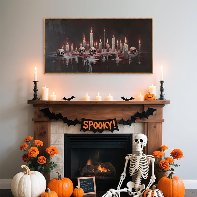 Aurlan Gothic Bloody Skull and Candles Framed Wall Art(40"x20"), Large Horror Dark Academia Halloween Skeleton Canvas Artwork, Modern Goth Spooky Creepy Ghost Decor for Home Office Bedroom