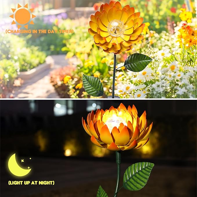 VCUTEKA Solar Garden Lights Metal Flower Decor Colorful Yellow Flowers Solar Pathway Light with LED Cracked Crystal Ball Outdoor Decorative Stake for Patio Yard Lawn