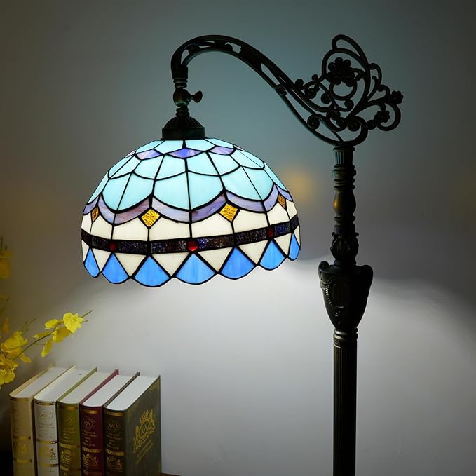 Tiffany Floor Lamp Vintage Standing Lamp Blue Mediterranean Style Stained Glass Floor Light Rustic Corner Gooseneck Floor Lamp with Adjustable Angle for Home Decor Living Room Bedroom 12X12X63 Inches