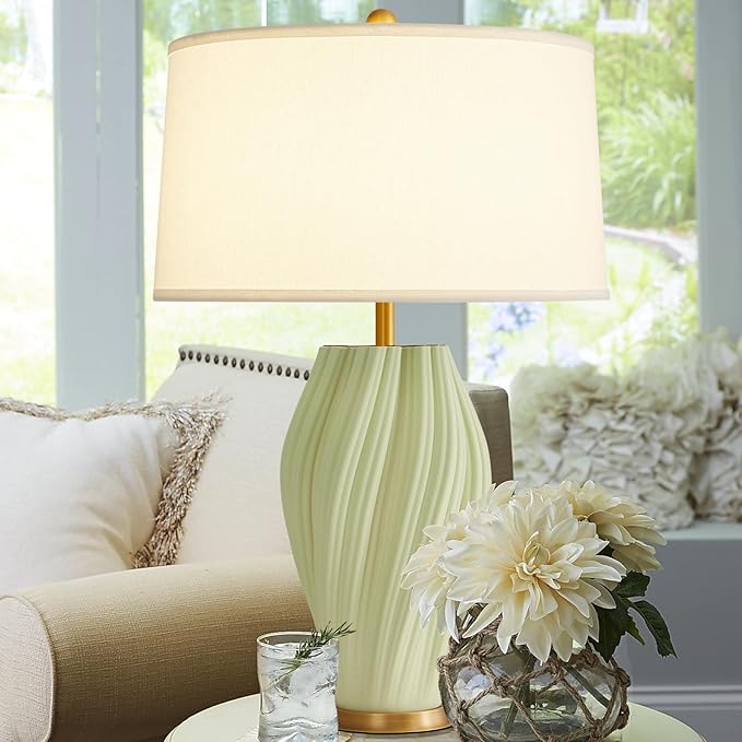 Modern Textured Ceramic Large Table Lamps 26.75", Sage Green Plug in Table Lamp Decor for Living Room Bedroom Bedside Tables Office Desk End