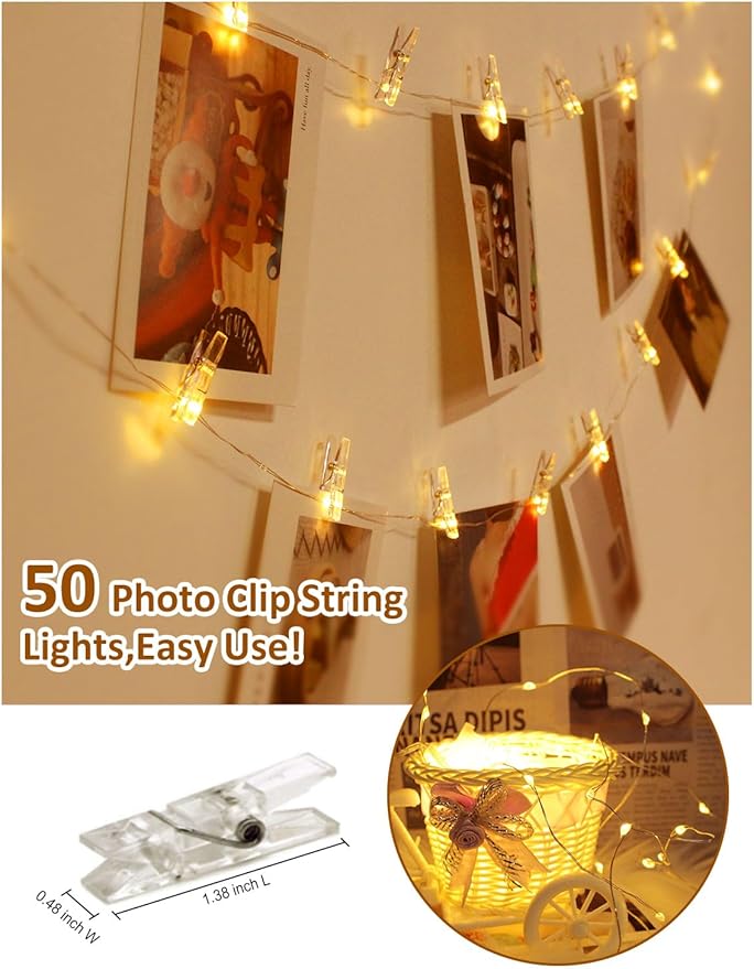 Photo Clip String Lights with Remote, 33FT 100 LED Battery Operated String Lights, Waterproof Copper Wire Starry Lights with 50 Clear Clips, Powered Fairy Lights for Teen Girl Gifts Bedroom 8 Modes