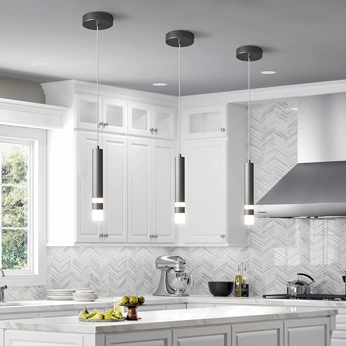 Modern Pendant Light Kitchen Fixture Dimmable LED Black Mini Pendant Lighting fo Kitchen Island Bedroom Bedside Table Small Pendant Lights (3-Pack)