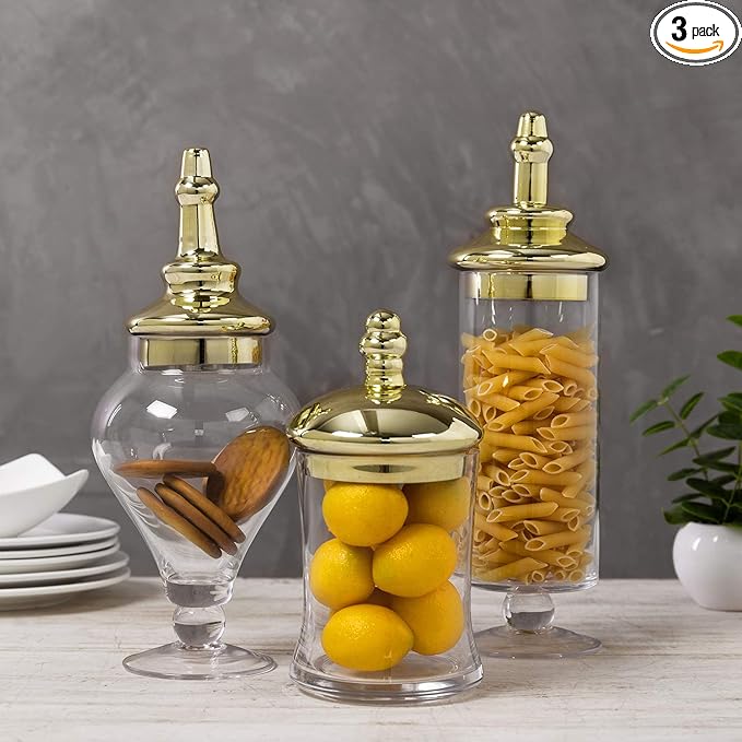 MyGift 3 Piece Set Antique Clear Glass Bathroom Apothecary Jars with Lid, Wedding Centerpiece, Kitchen Storage Jars with Metallic Brass-Tone Lids