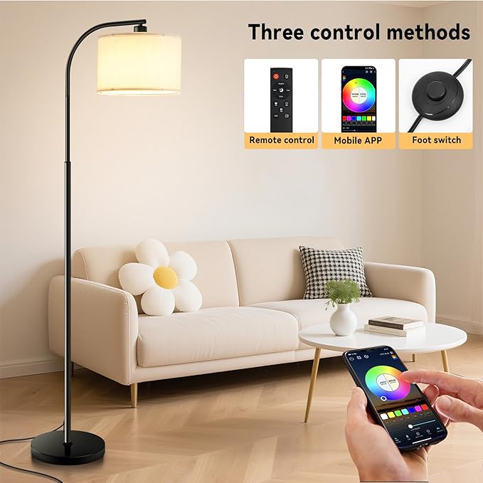 Floor Lamp for Living Room with Remote,Dimmable Tall Standing Lamps,Modern Floor Light with Smart RGB Bulb,App Control,3 Color Temperatures,Fabric Shades,Gold Floor Lamp for Bedroom Office Corner