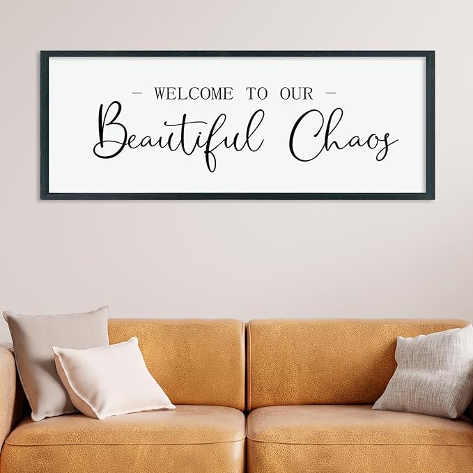 LuZhiQiang Welcome To Our Beautiful Chaos Sign Wall Decor 40"×15" for Home Living Room Entryway Bedroom Large Wood Framed Wall Hanging Art (Black)