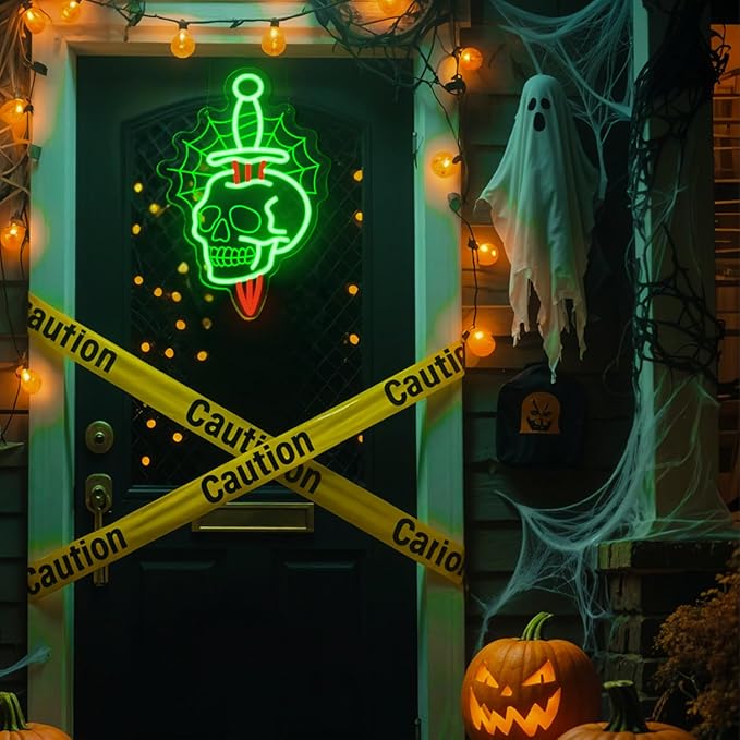 Halloween Skull Neon Sign with Dagger & Web Design,Skull Neon Sign For Halloween,Spooky LED Wall Light for Halloween Party Decor,Gothic Horror Neon Skull Light for Bar,Bedroom,Man Cave