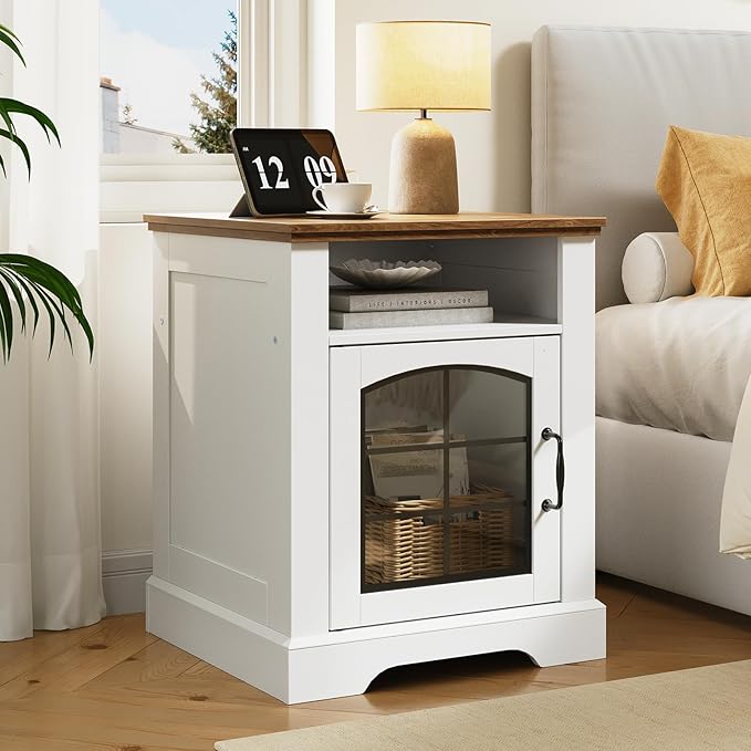 HOOBRO Small Farmhouse End Table for Living Room, Rustic Nightstand with Charging Station, Wooden Sofa Side Table with Tempered Glass Barn Door, for Bedroom, White and Walnut WH405UBZ01