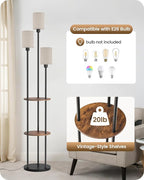 Floor Lamp with Shelves, Modern Floor Lamp with 3 Linen Shades and Foot Switch, 3-Light Standing Lamp, for Living Room, Bedroom, Study, Office, Rustic Brown and Beige EF53LD05