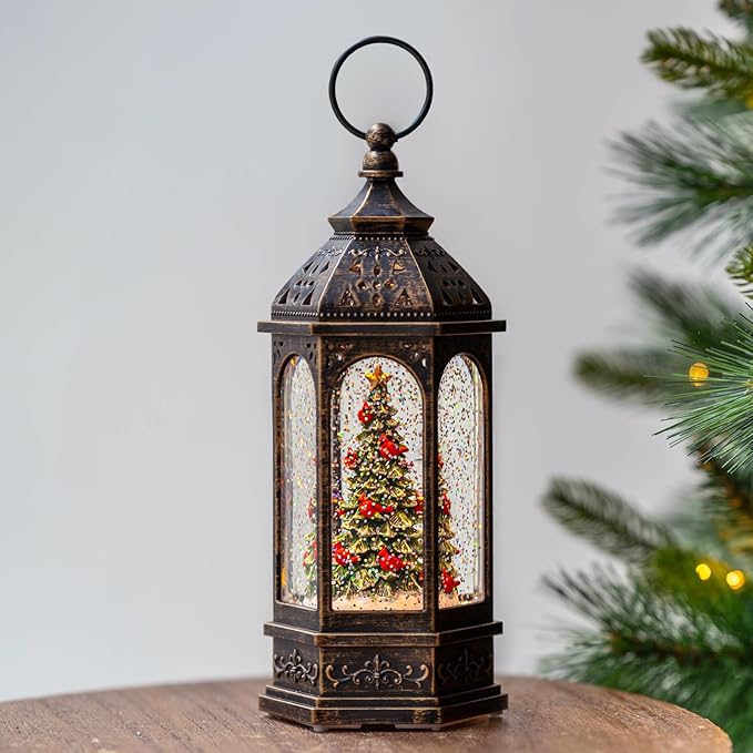 Lighted Christmas Tree Cardinal Music Snow Globe Water Lantern with Swirling Glitter Decoration for Christmas Home, Living Room, Battery Operated or USB Powered