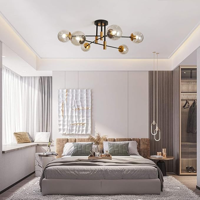 SZXYKEJI 6-Lights Glass Chandelier，Modern Flush Mount Ceiling Light Fixture，Farmhouse Lighting for Dining Room Living Room Bedroom Kitchen Passageway..