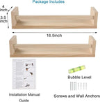 Nursery Floating Book Shelves for Kids Room, Kitchen Spice Rack, or Rustic Wall Mounted Shelves for Farmhouse Bathroom Decor (Natural Wood),Set of 2