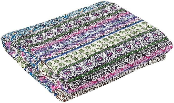 Cozyholy Boho Quilt Twin Size 100% Cotton Quilted Blanket Colorful Bohemian Striped Bedspread Coverlet Reversible Lightweight Stitch Vintage Bed Cover Throw Blanket for Couch Sofa Blue