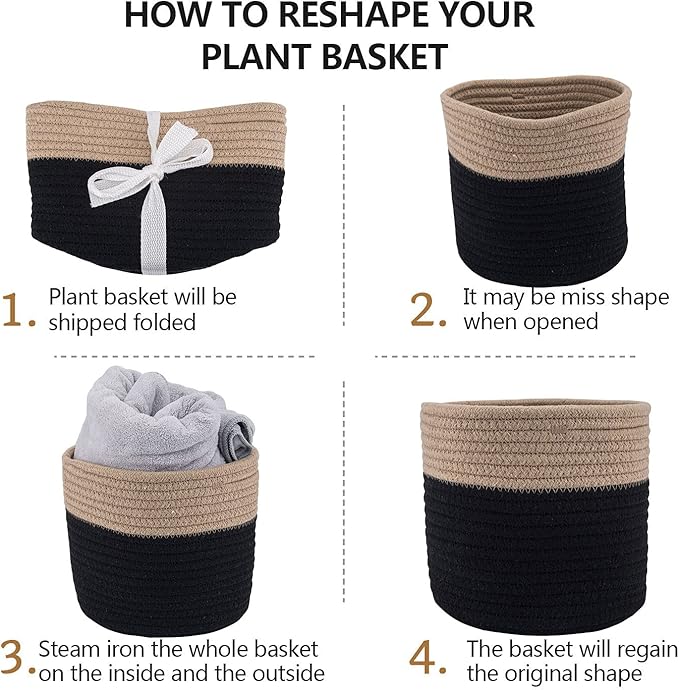 Woven Cotton Rope Plant Basket for 11" Flower Pot Floor Indoor Planters,Storage Organizer Basket Rustic Home Decor (11" x 11",Black and Brown Stripes)