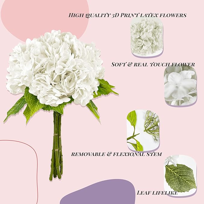 Yatim 21In White Artificial Hydrangea Flowers 5 Pcs Real Touch 3D Print Latex Flowers for Wedding Centerpieces Bouquets DIY Floral Decor Home Decoration with Stems