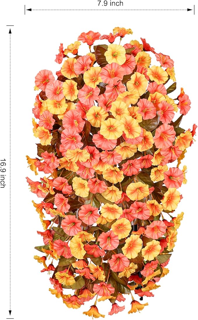 HyeFlora Artificial Fake Fall Hanging Flowers Plants for Outdoor Decor, 2PCS Faux Silk Fall Morning Glory Trailing Vines UV Resistant Look Real for Autumn Home Planter Porch Patio (Orange+Yellow)