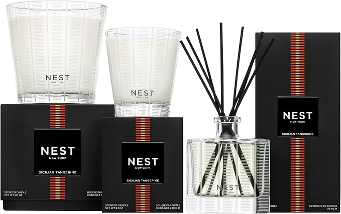 NEST New York Reed Diffuser, Sicilian Tangerine - 5.9 fl oz - Fragrance for Up to 90 Days - Reusable, Refillable Glass Holder - Includes 8 All-Natural Reed Sticks - Flame Free