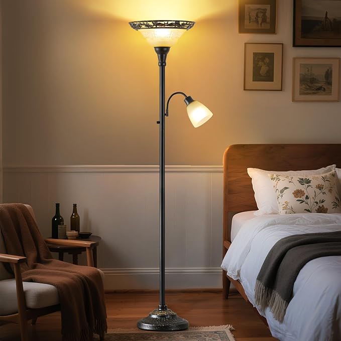 Torchiere Floor Lamps for Living Room, 70" Lamps for Living Room with Etched Glass Shade, Metal Pole & Heavy Base, Vintage Standing lamp Decor for Bedroom, Living Room, Office