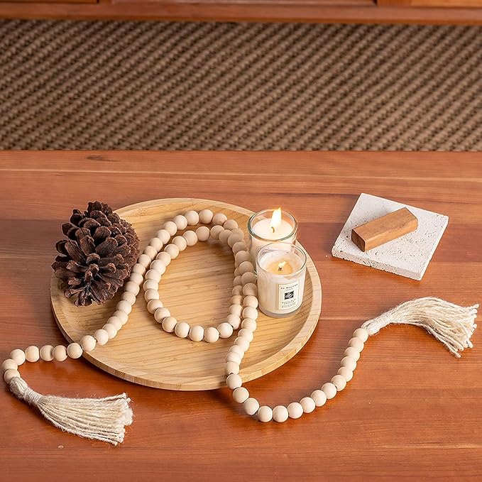 DECORKEY Wooden Beads, 58 Inch Farmhouse Wood Beads Garland for Boho Decor with Tassels, Rustic Country Decor for Coffee Table, Home, Living Room, Bedroom