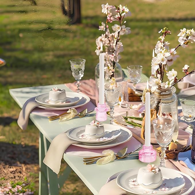 Double Sided Vintage Ribbed Taper Glass Candle Holders,Tea Candle Holder for Table Centerpieces, Wedding Decorations and Dinner Parties (Pink, 3 PCS)