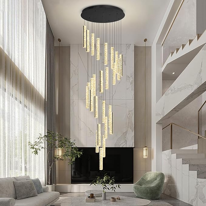 Large Spiral Stair Chandelier High Ceiling Modern LED Dimmable Crystal Chandelier Lighting for Foyer Villa Hallway 25-Light Black