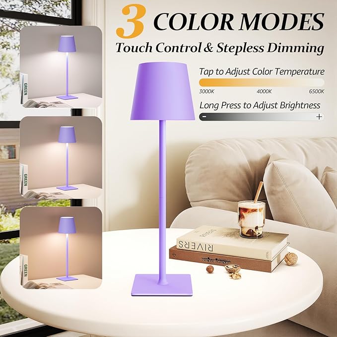 2 Pack Cordless Table Lamps, 3 Colors Stepless Dimming, 5000mAh Rechargeable Battery LED Desk Lamp for Bedroom/Couple Dinner/Desk/Cafe/Dining Room/Terrace
