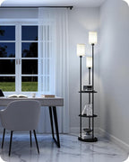 Floor Lamp with Shelves, Modern Floor Lamp with 3 Linen Shades and Foot Switch, 3-Light Standing Lamp, for Living Room, Bedroom, Study, Office, Black and Beige E53LD05