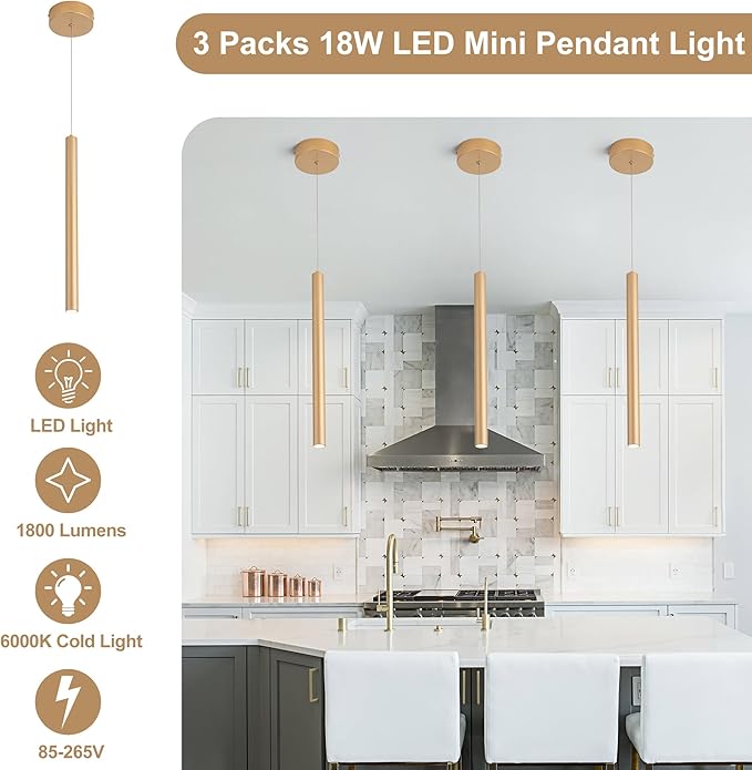 Pendant Lights Kitchen Island,Mini Pendant Lighting,3 Packs Light Modern Pendant Light, Pendant Light Fixtures Ceiling Hanging Lights for Kitchen Island Dining Room Bar Living Room 6000K Gold