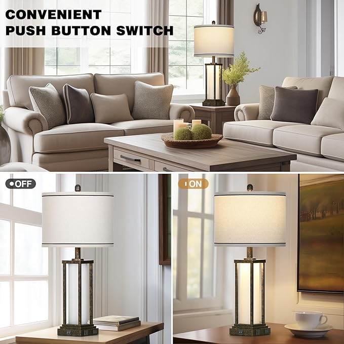 27" Tall Vintage Table Lamp with USB C+A & Outlet,Bronze Industrial End Table Lamp for Living Room,Farmhouse Rustic Bedside Lamp with Frosted Glass Night Light for Bedroom Nightstand,Bronze-1P