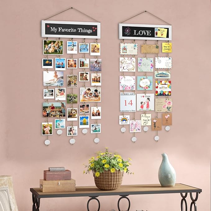 Bikoney Picture Frames Collage Wall Decor Photo Hanging Display Picture Board Wood Rustic Frames for Home Dorm Room Decor with Blackboard and 30 Clips White