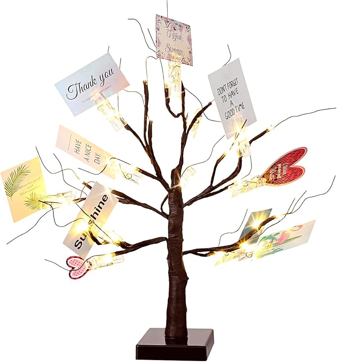 Mudder Money Holder Tree Present Card Holder with 12 Clear Clips LED Birch Twig Lights Tabletop Display Tree for Christmas, Valentines, Memo, Photo, Wedding(Classic Style,Brown, Warm White)