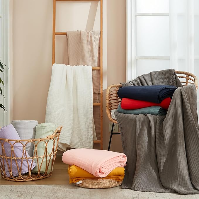 EMME Cotton Blanket Queen Size for Bed Soft Large Muslin Bed Blankets 80"x90" Lightweight Breathable Blanket All Season Gauze, Light Grey