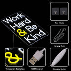Work Hard Be Kind Neon Sign for Wall Decor Letter Neon Light Be Kind LED Neon Sign for Office White LED Neon Light for Offices Classroom Bedroom Study Room Decoration