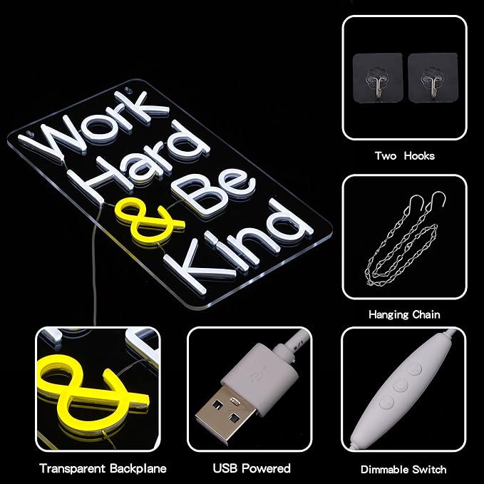 Work Hard Be Kind Neon Sign for Wall Decor Letter Neon Light Be Kind LED Neon Sign for Office White LED Neon Light for Offices Classroom Bedroom Study Room Decoration
