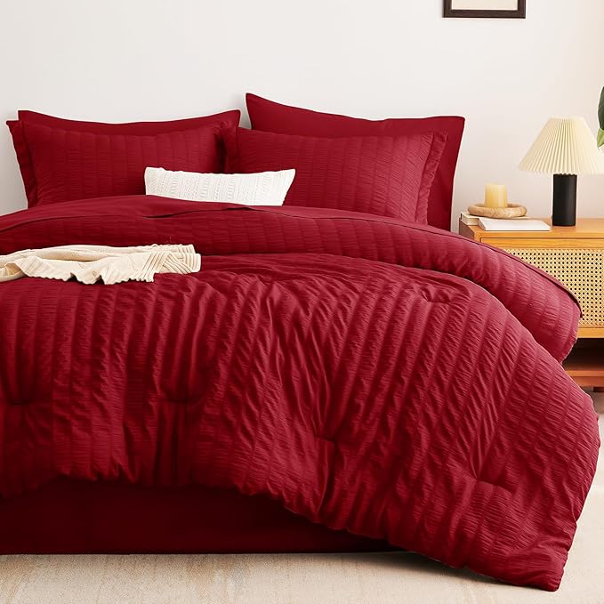 CozyLux King Size Comforter Set Dark Red Seersucker 7 Pieces Bed in a Bag King Comforter Set with Sheets, Luxury Bedding Sets with Down Alternative Comforter, Sheets, Pillowcases & Shams All Seasons