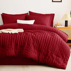 CozyLux Full Size Comforter Sets with Sheets Seersucker 7 Pieces Dark Red Bed in a Bag Textured Luxury Soft Bedding Set with Down Alternative Comforter, Sheets, Pillowcases & Shams for All Seasons