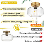 Industrial Semi Flush Mount Ceiling Light Brushed Gold, 800 Lumen LED Bulb Included, Clear Glass Shade Ceiling Light Fixture, Light Fixture for Hallway Bathroom Bedroom, Vintage Hanging Light Fixtures