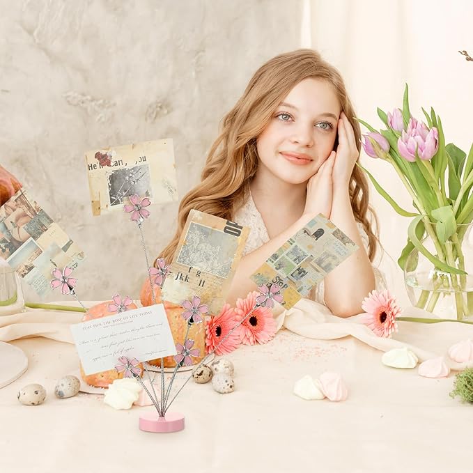 Tandefio Photo Tree Holder Clip, 8 Branch Money Family Tree Gift Card Holder with Clips Picture Frame Stand for Memo Paper Note Wedding Photo Display Office Decor(Pink)