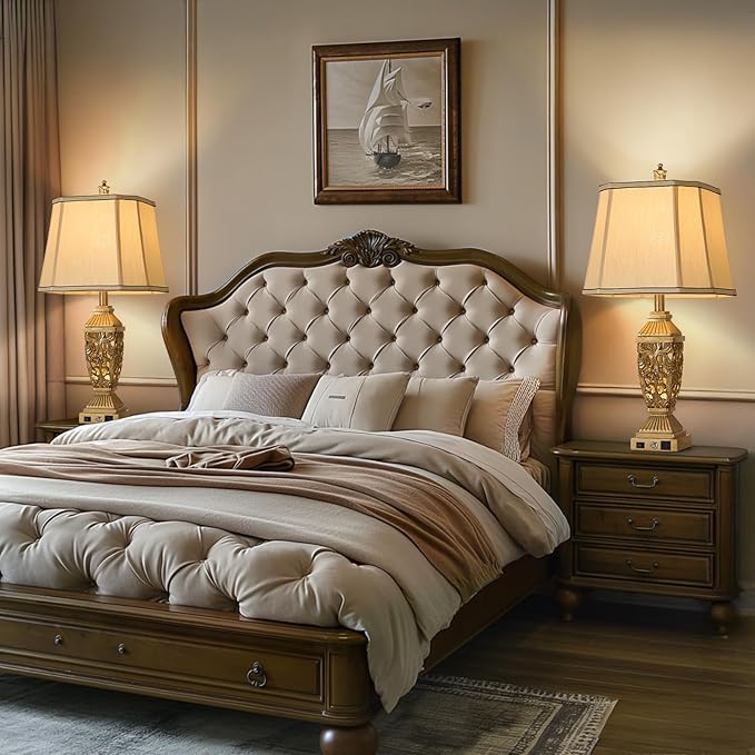 AIDENOEY 27.5“ Farmhouses Table Lamp with USB & USB-C Charging Ports, 3-Color Dimmable & Stepless Bottom Dimming, Touch Control & Switch, Vintage Bedside Lamp for Bedroom Living Room Office,(Brown)